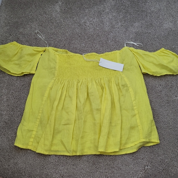 SAKS FIFTH AVENUE Cold Shoulder Linen Top Yellow Limoncello Size L - Picture 8 of 9